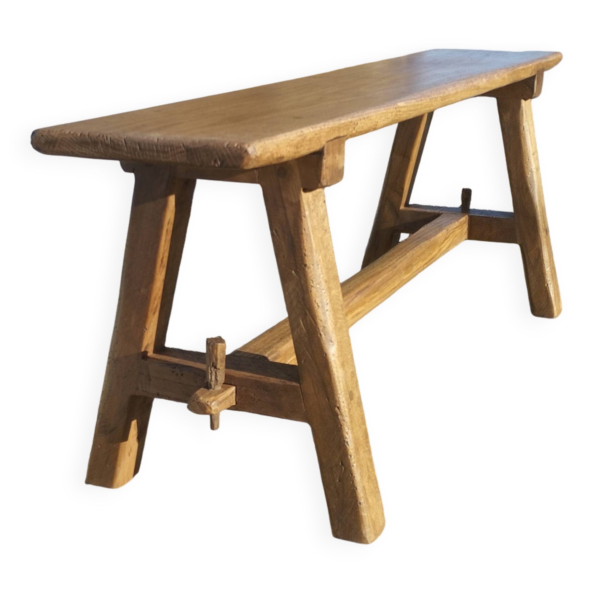 "A frame" bench in solid oak, patinated.