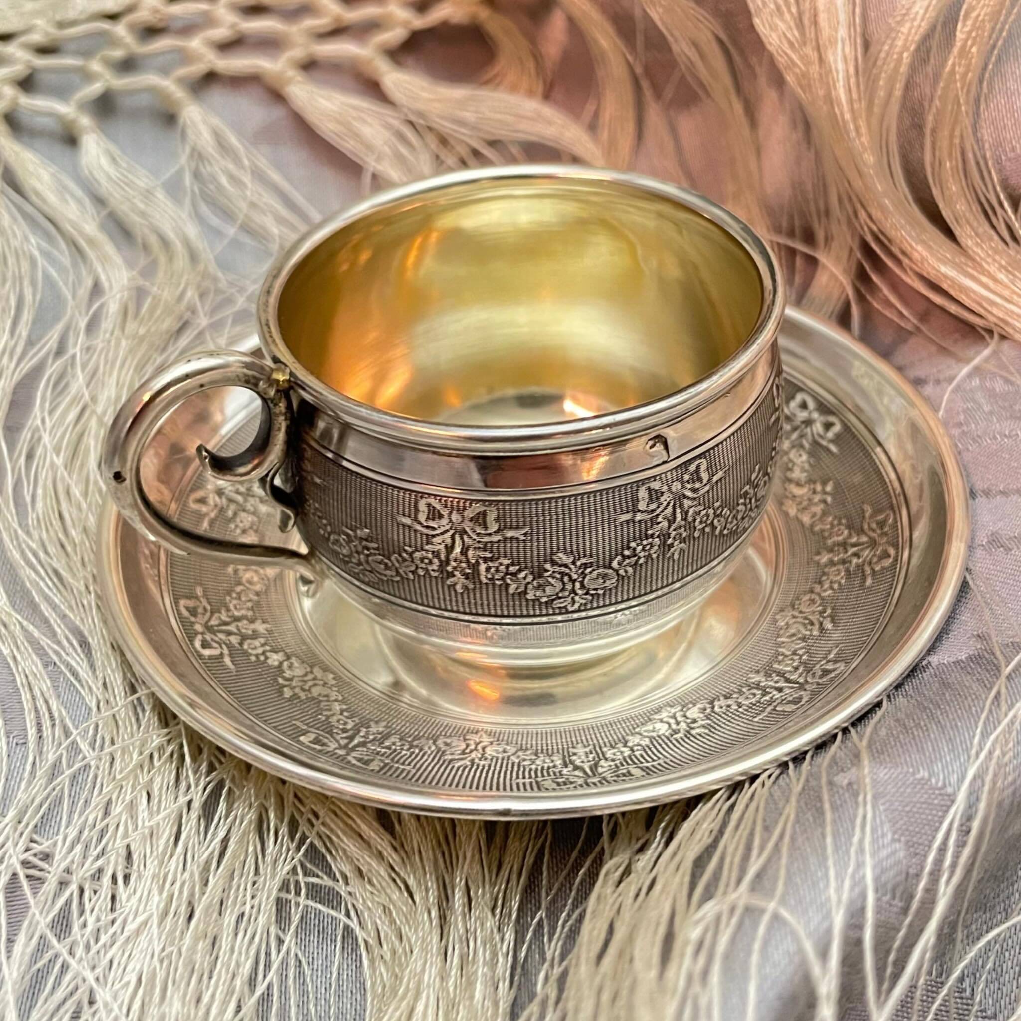 Silver Cup and Saucer | 20th Century | Ribbon and Flower Garland