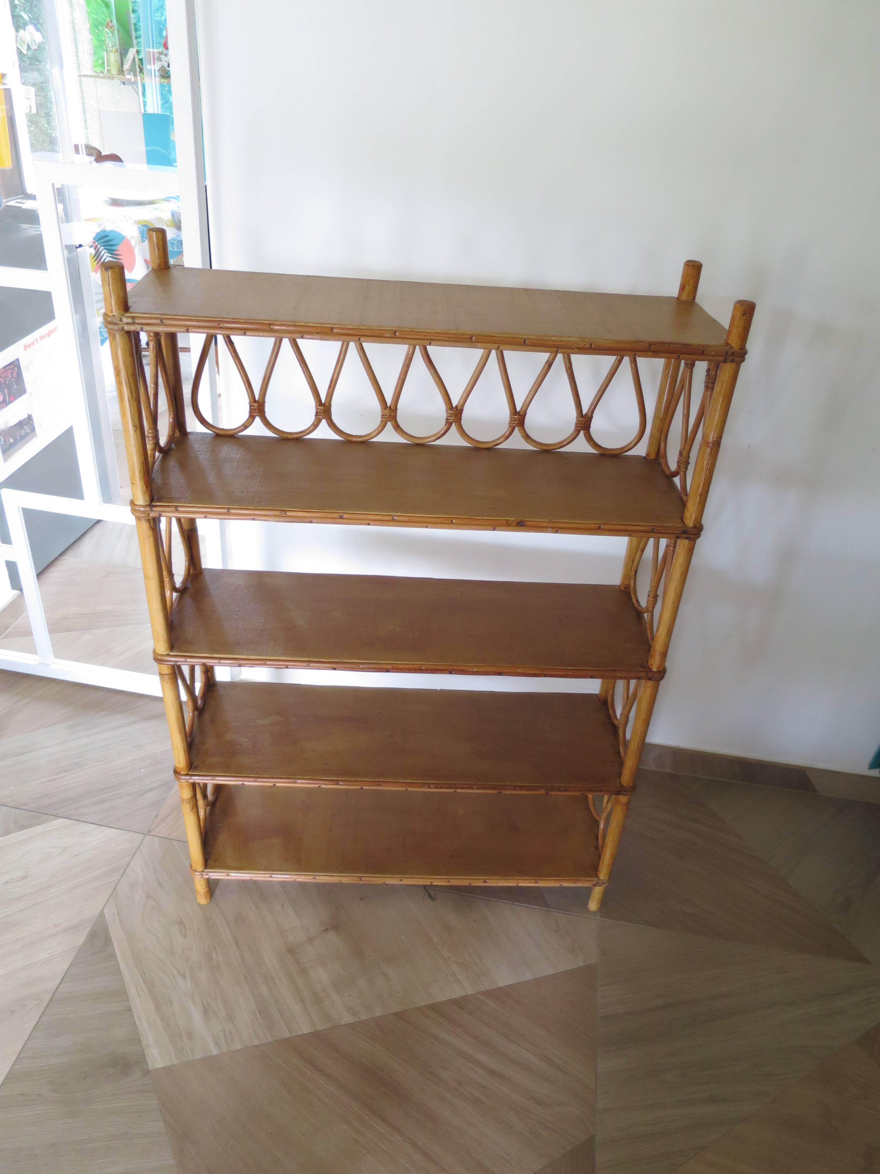 Wooden and rattan bookcase, 1970s-1980s