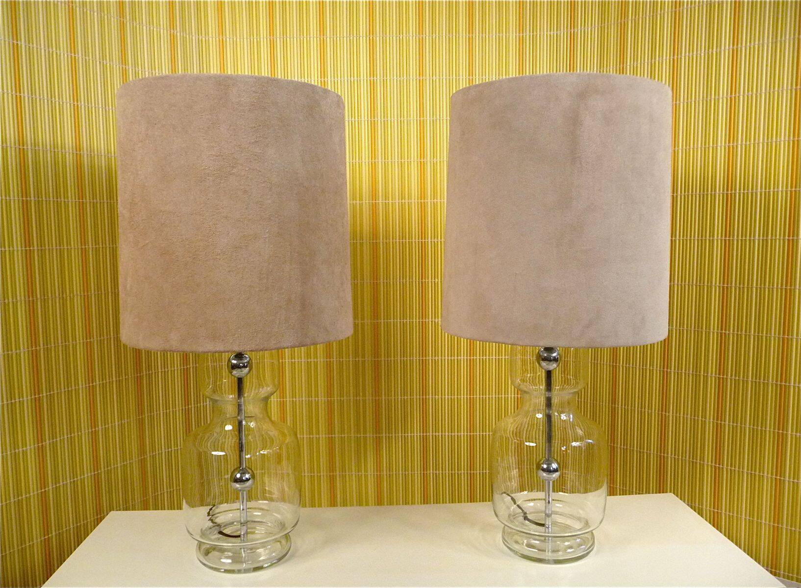 Set of 2 Glass & chrome table lamps with alcantara lampshades, 1960s
