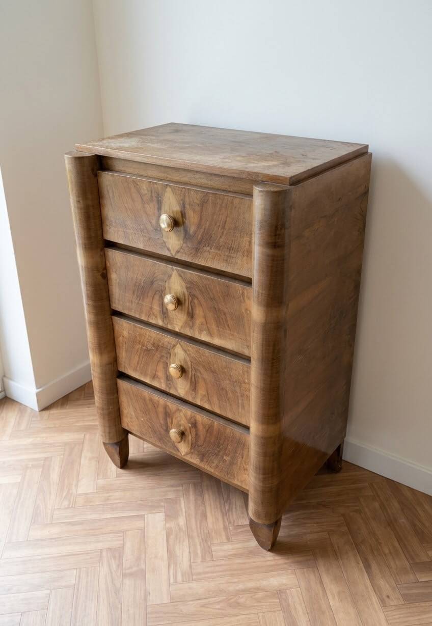 Commode Art Déco ancienne en bois à 4 tiroirs