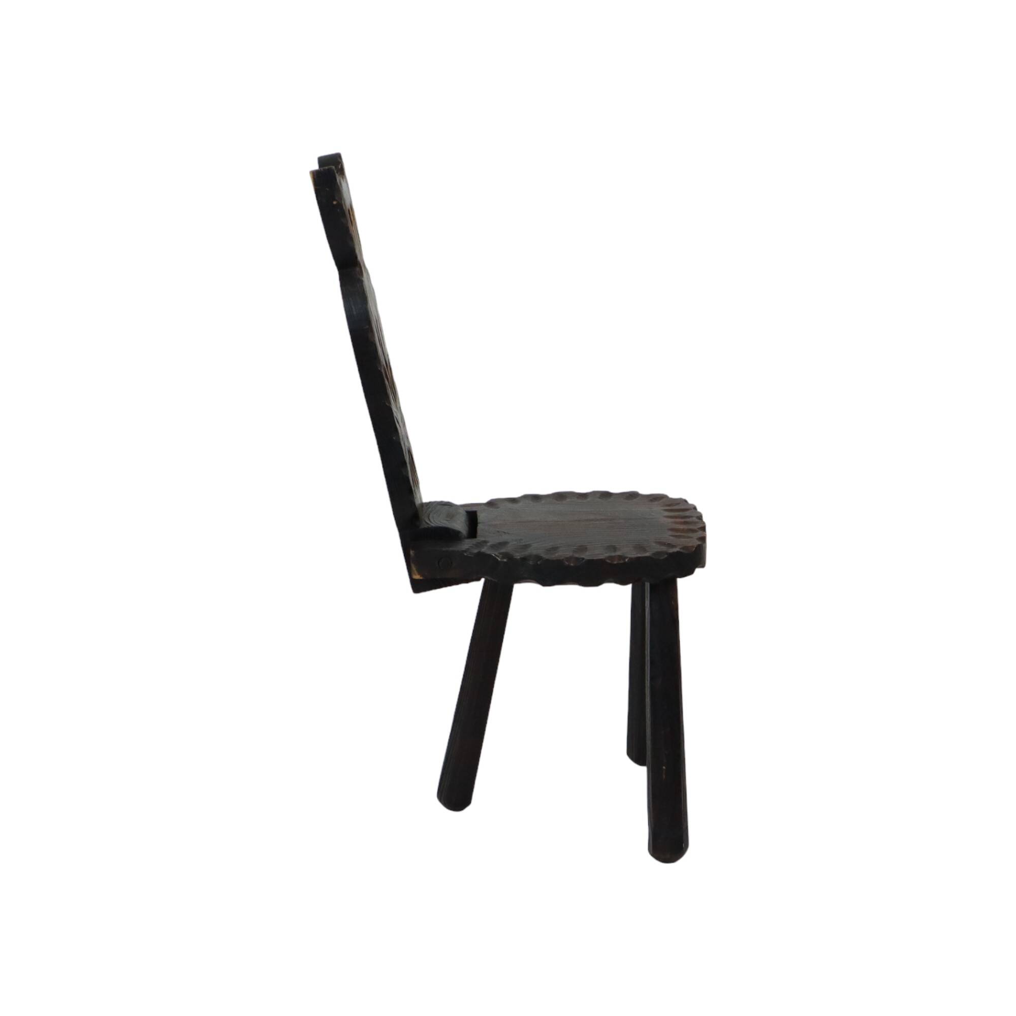 Authentic Spanish Brutalist Chair Tripod Cat Shape Solid Wood