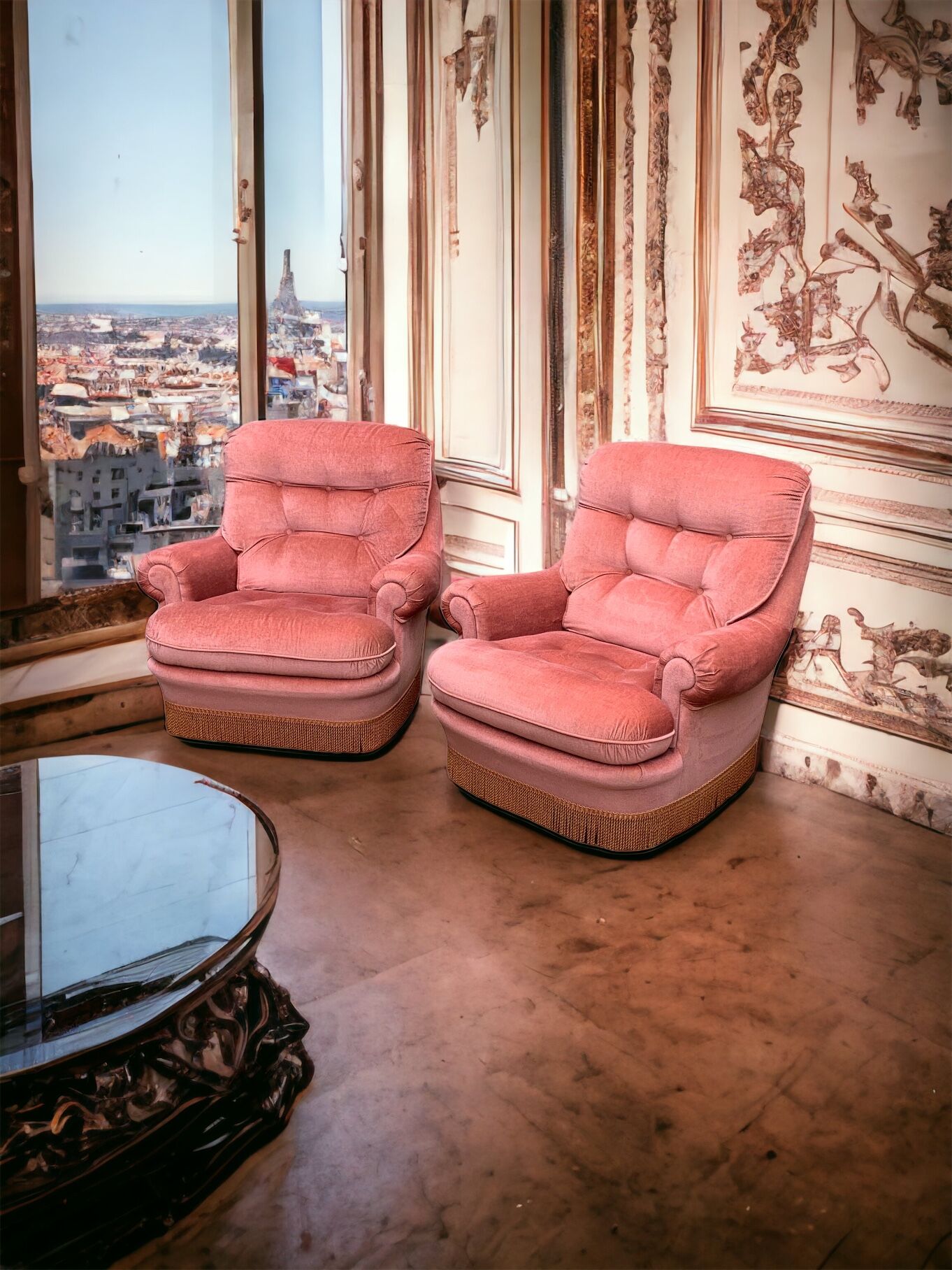 Pair of pink velvet toad armchairs, 1970s