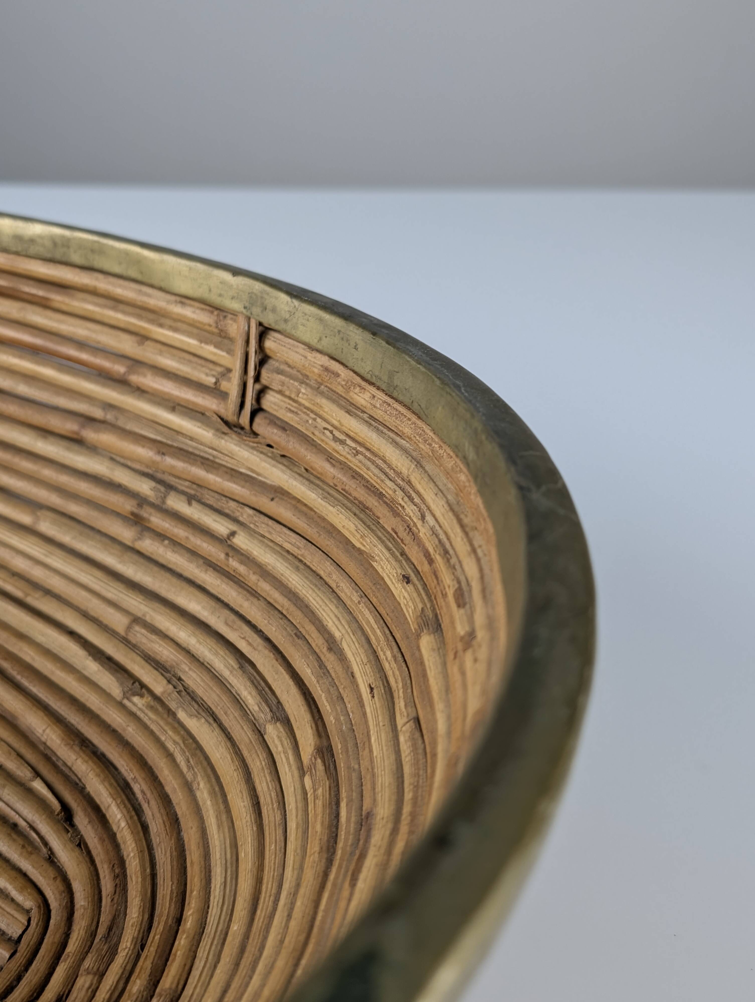 Italian oval rattan and brass centerpiece, mid-century style, 1970s