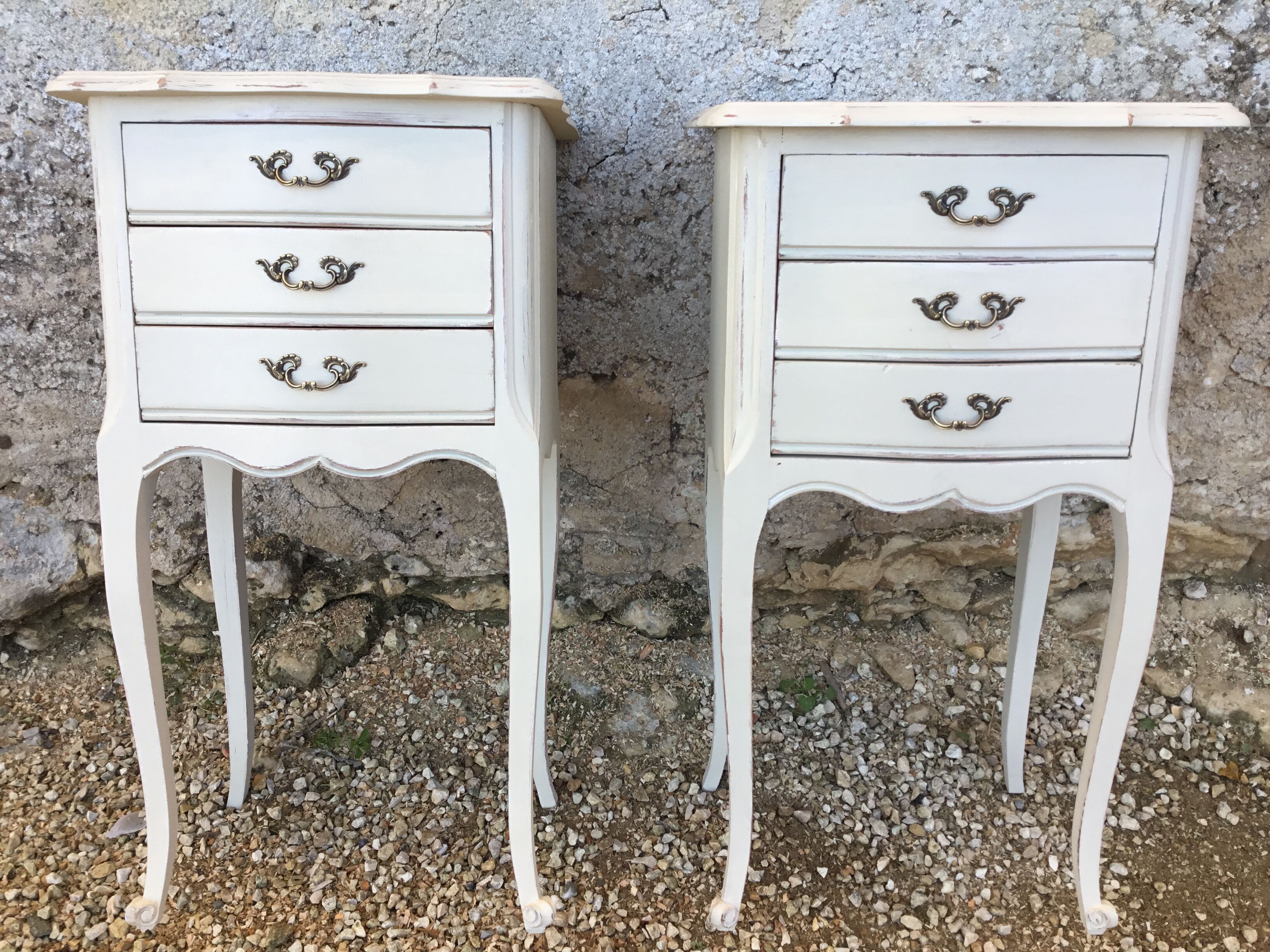 Pair of Louis XV style bedside tables patinated beige