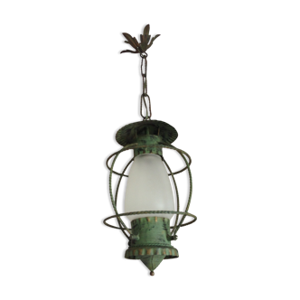 Lantern hanging lamp vintage green effect of gray painted metal