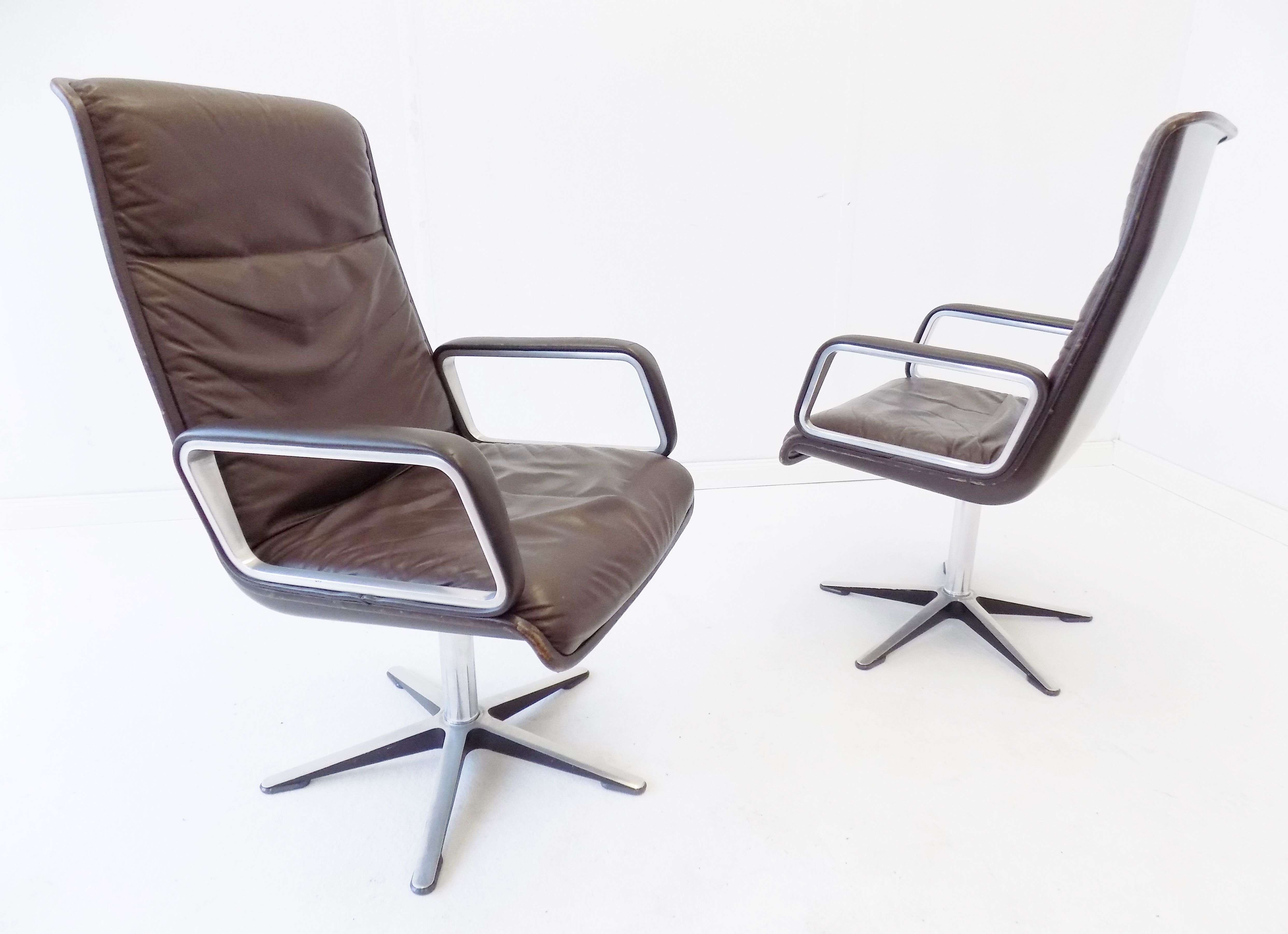Wilkhahn Delta Highback set of 2 brown leather armchairs by Delta Design