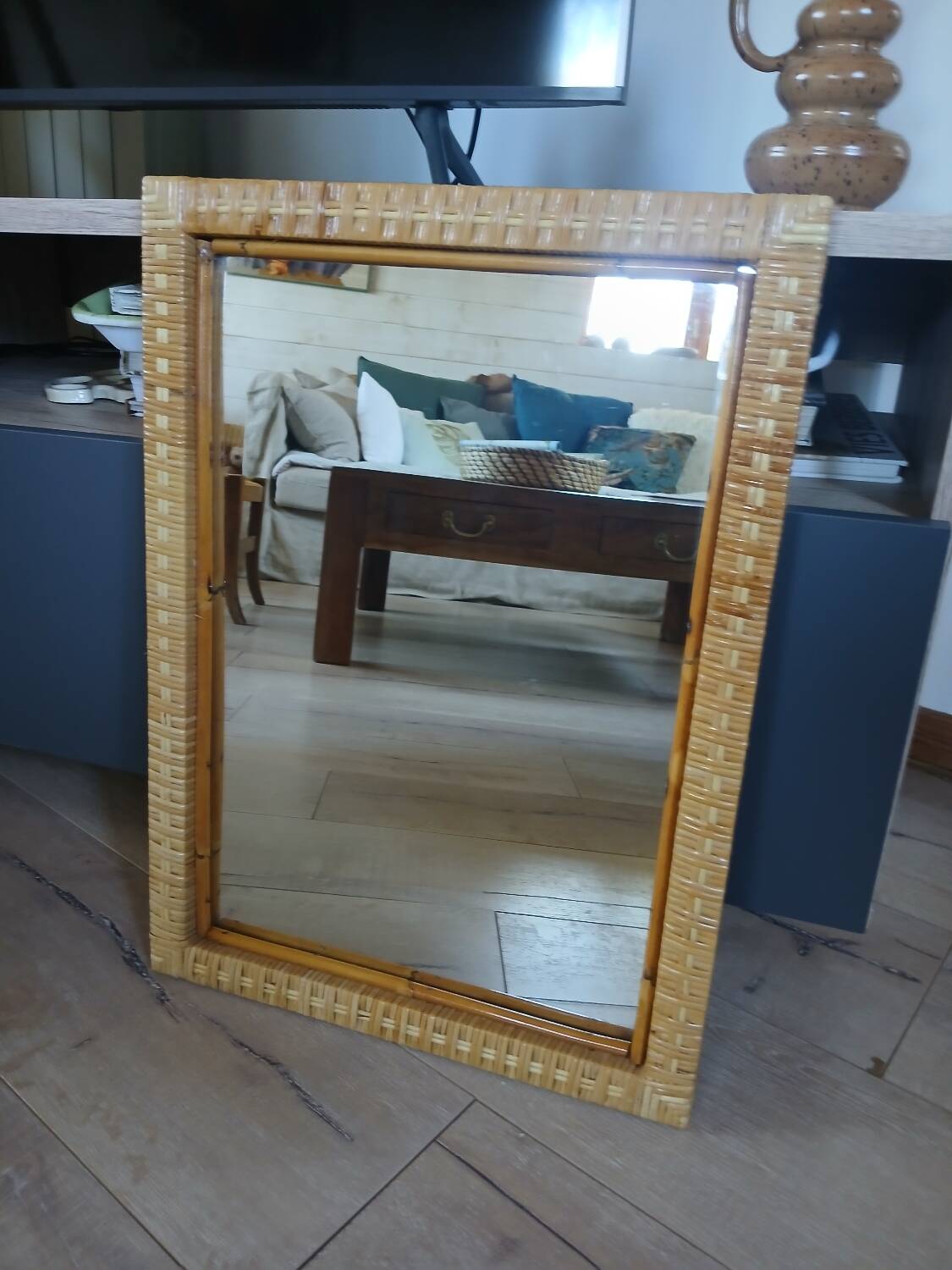 Antique rattan and bamboo mirror