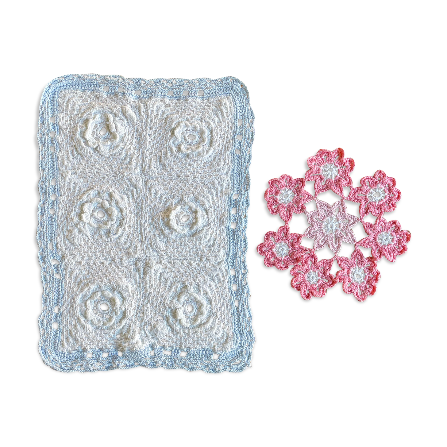 Set of 2 vintage crochet placemats - white, pink and blue