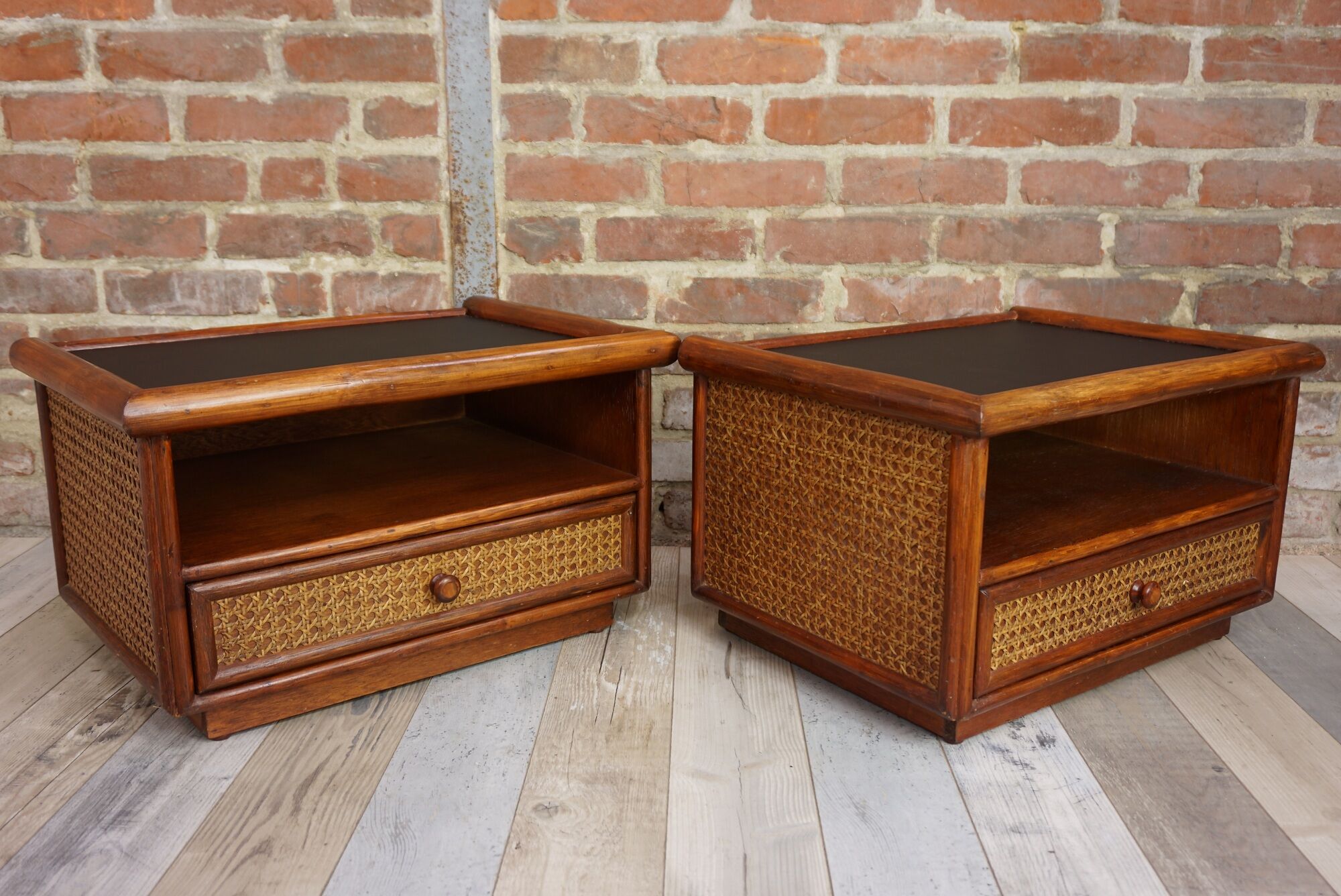 Pair of wooden bedside tables, rattan, canning and faux black leather