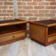 Pair of wooden bedside tables, rattan, canning and faux black leather