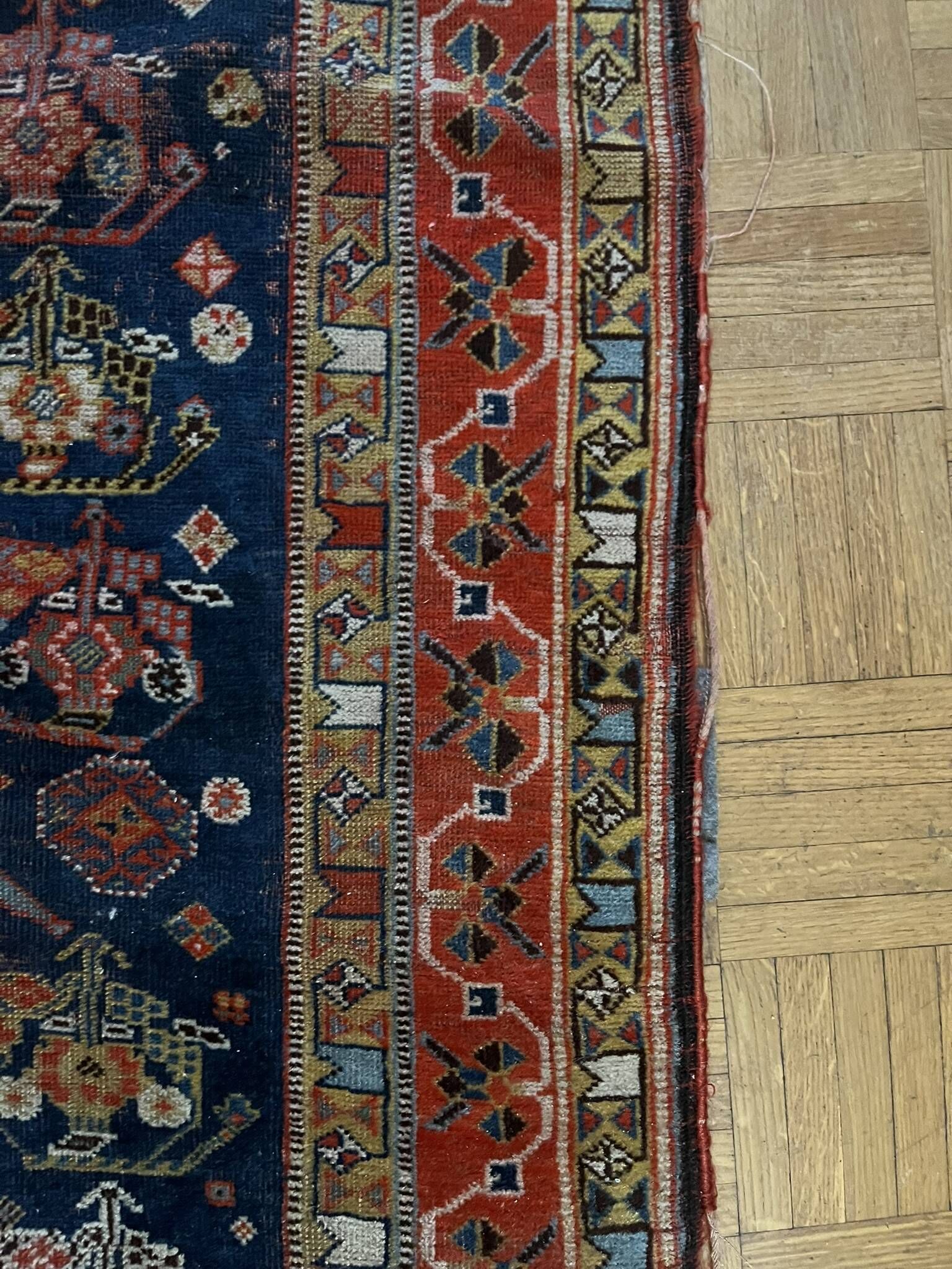 Antique handmade Persian Qashqai nomadic rug – blue background 94x112cm