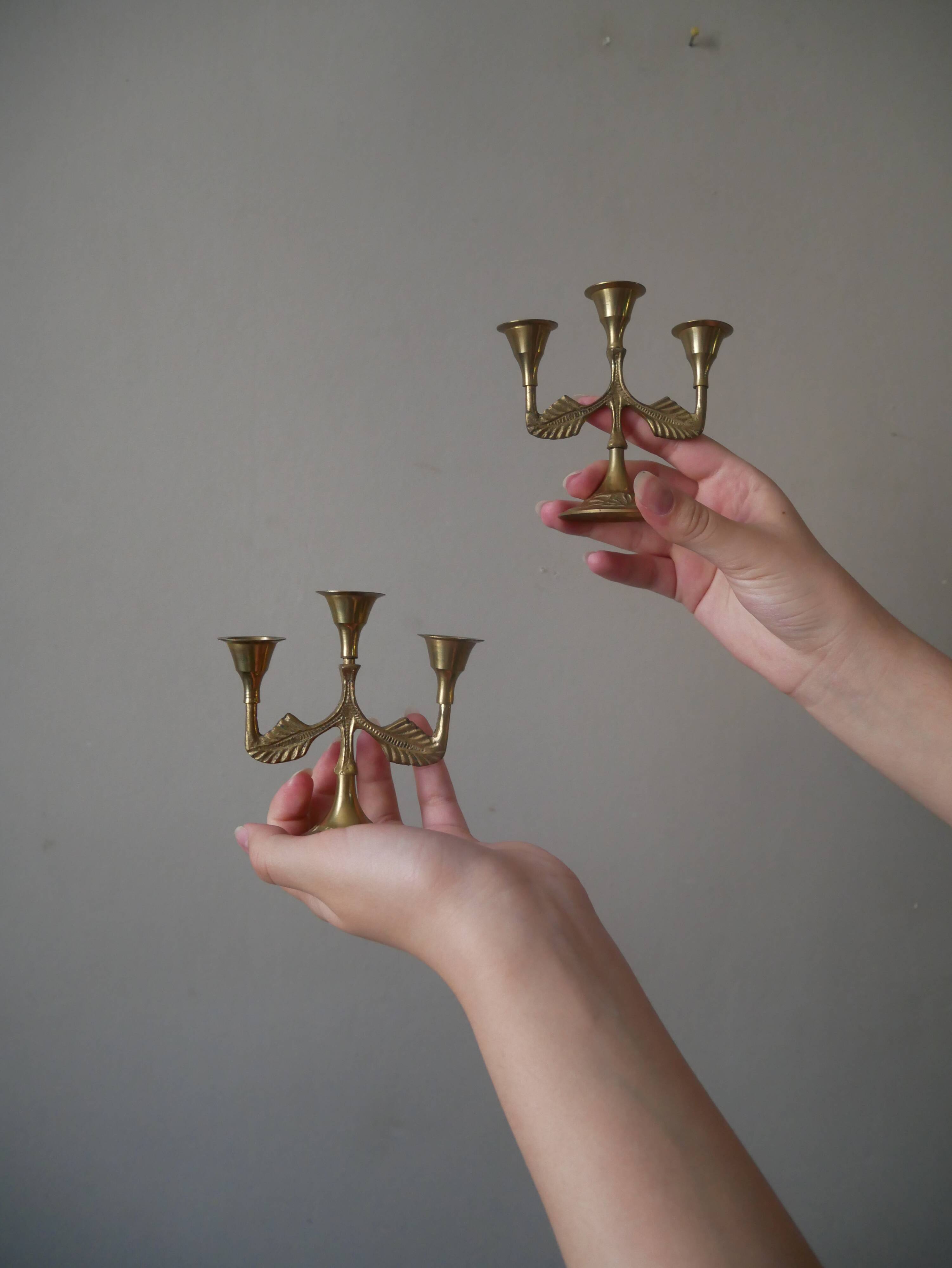 Pair of brass candlesticks in gold metal, Scandinavian bohemian decoration, old candlesticks