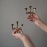 Pair of brass candlesticks in gold metal, Scandinavian bohemian decoration, old candlesticks