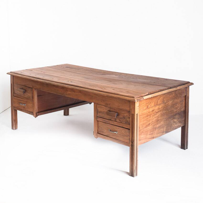 Large vintage two-seater desk. Solid chestnut wood. Restored. France, 1940s