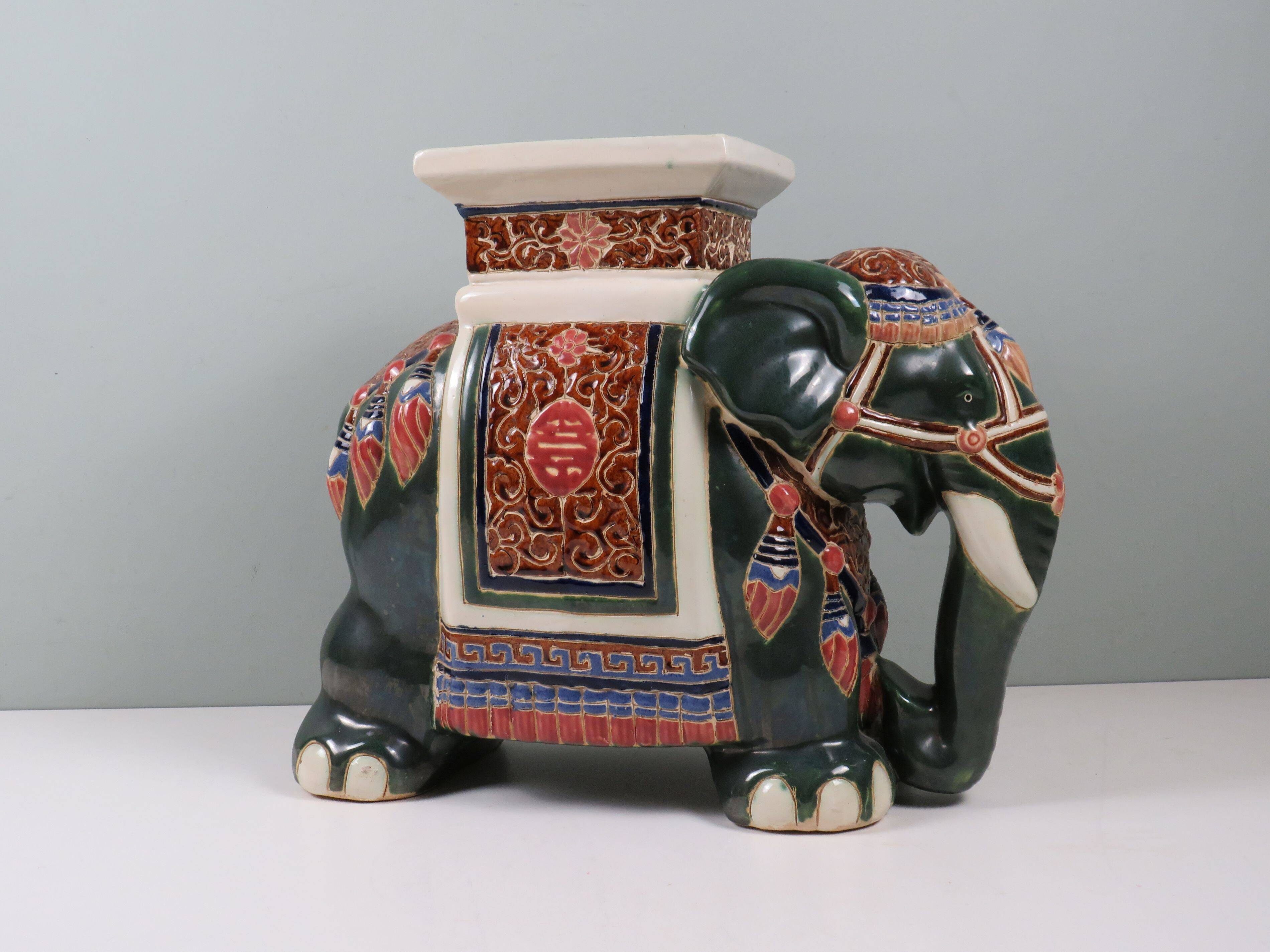 Large vintage ceramic elephant in glazed finish, stool or side table.