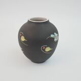 Small black ceramic vase with abstract fish and wave pattern