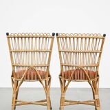 Set of 4 subtle and charming vintage 60s rattan boho chairs with colorful upholstered seats