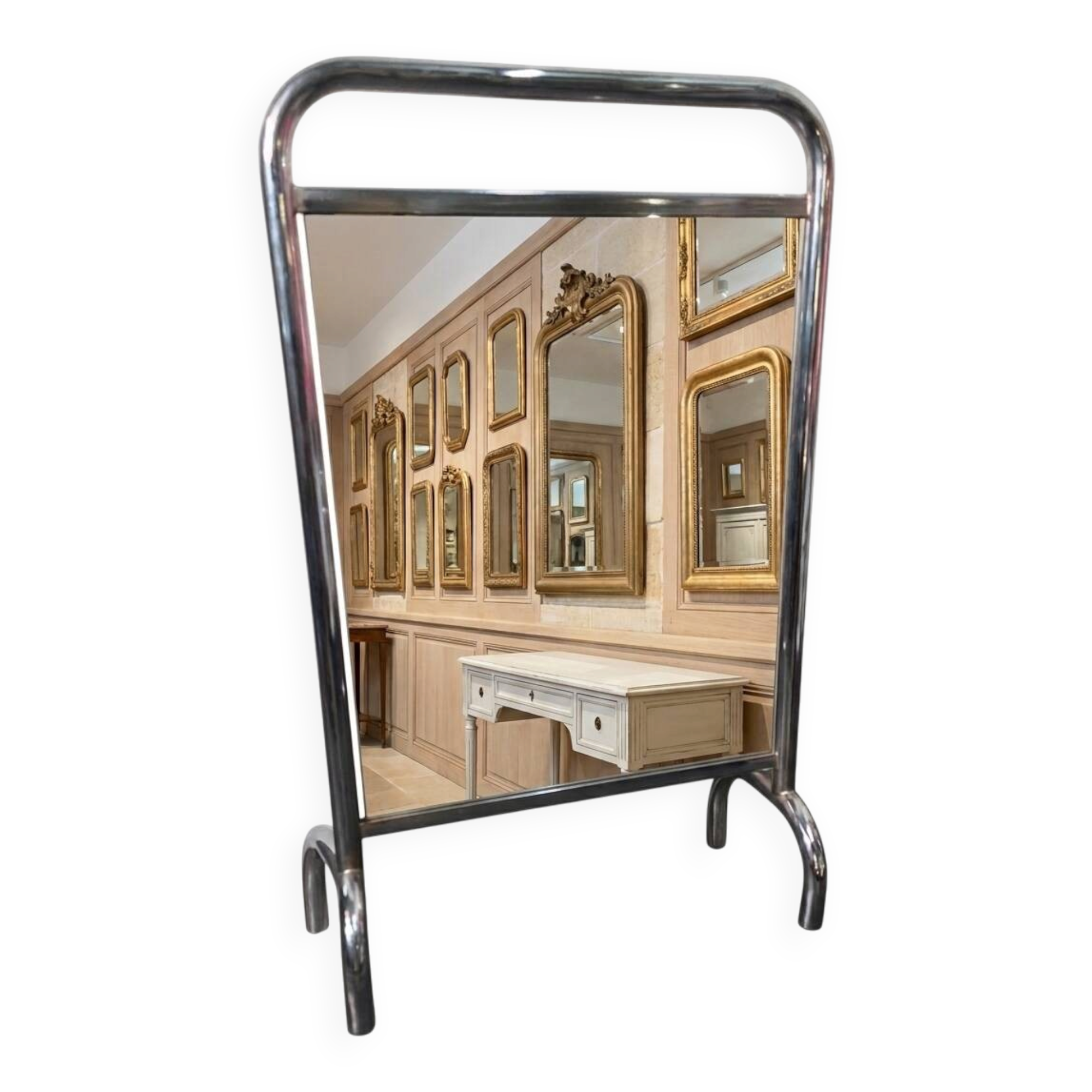 Chrome metal freestanding dressing mirror from the 1970s.