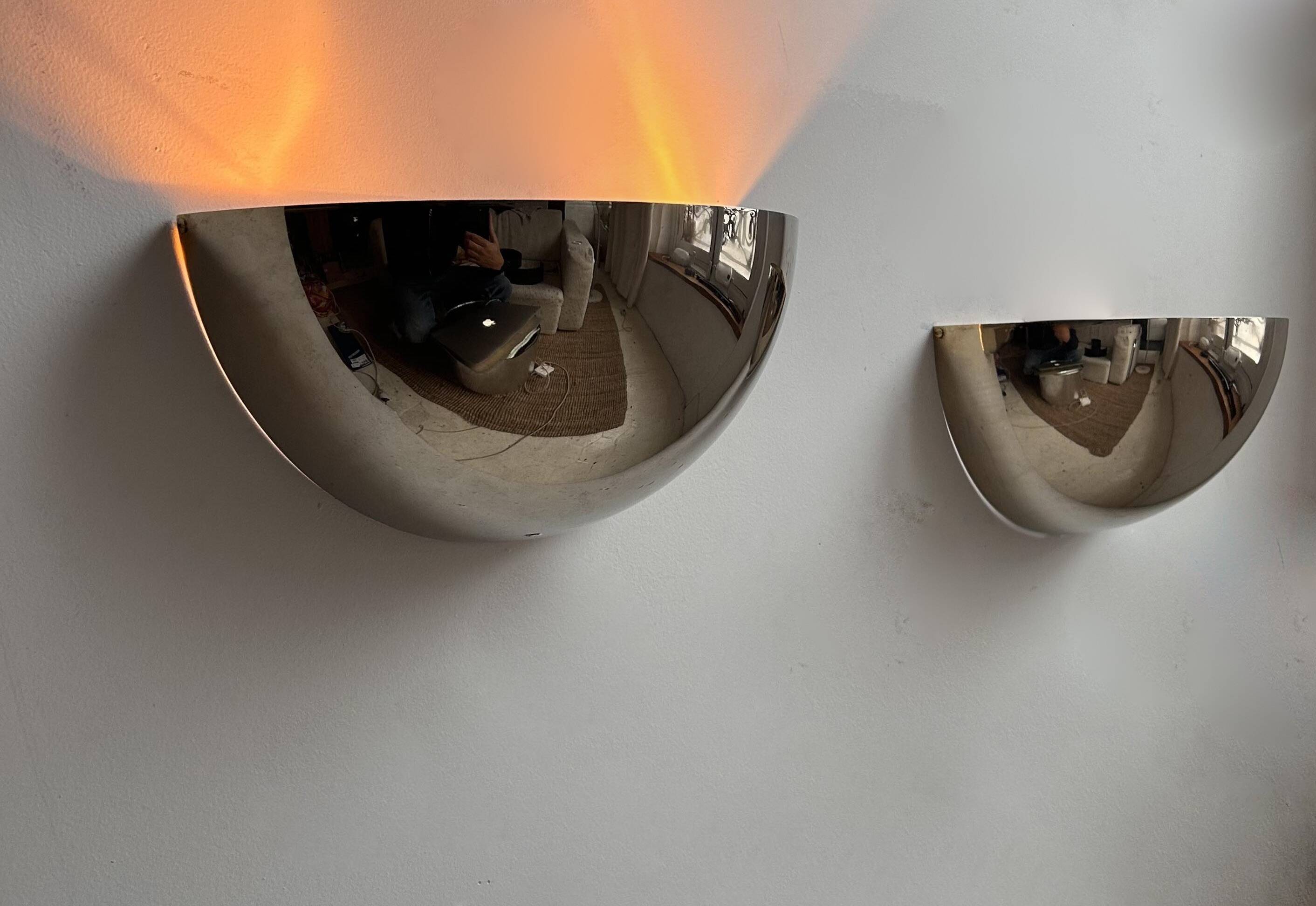 Pair of vintage half moon wall lights, chrome metal, France 1970 Selency