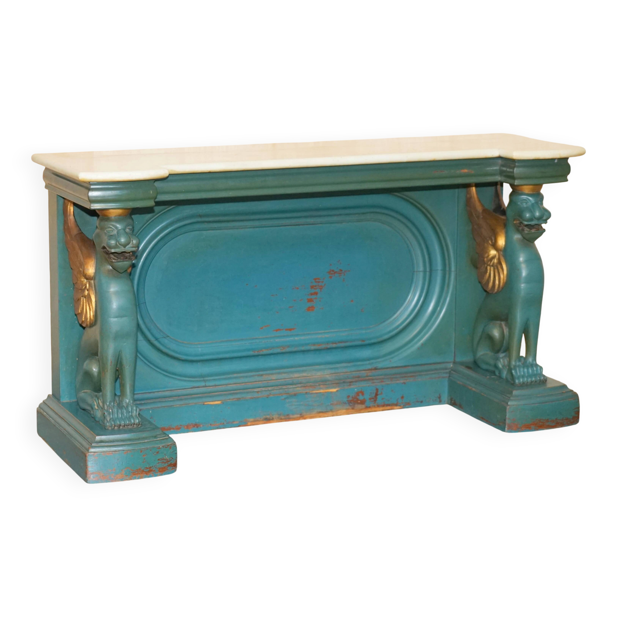 Antique hand-carved console circa 1880 with a marble top.