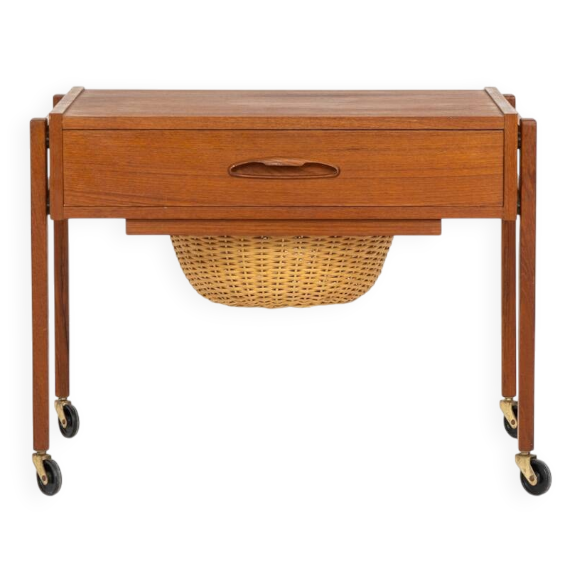 Teak sewing trolley / side table on castors