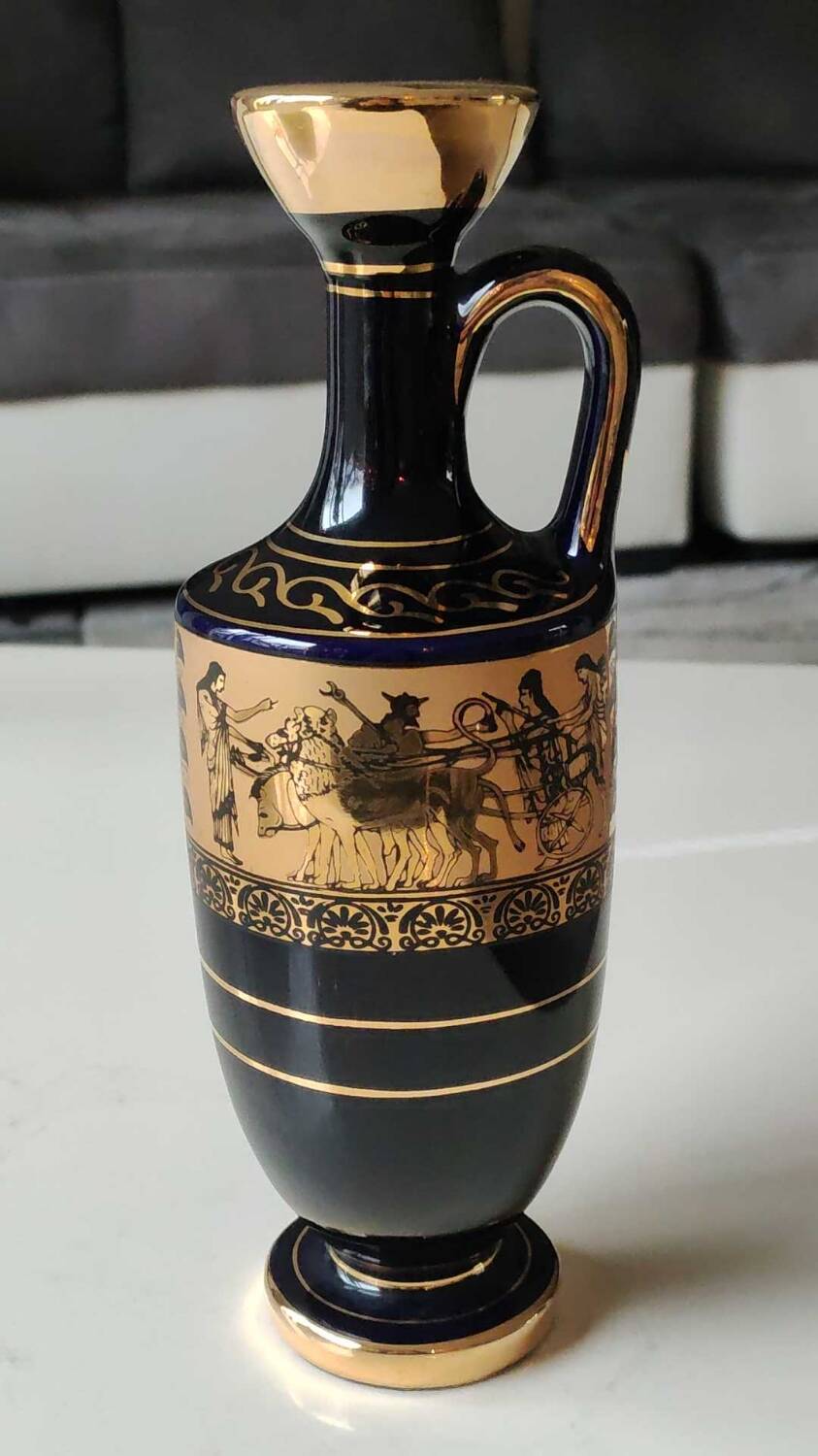 Greek Amphora Vase/Scenes of life Greek Mythology. Signed KA. Handmade in Greece, gilded with 24c fine gold. High 22.5 cm