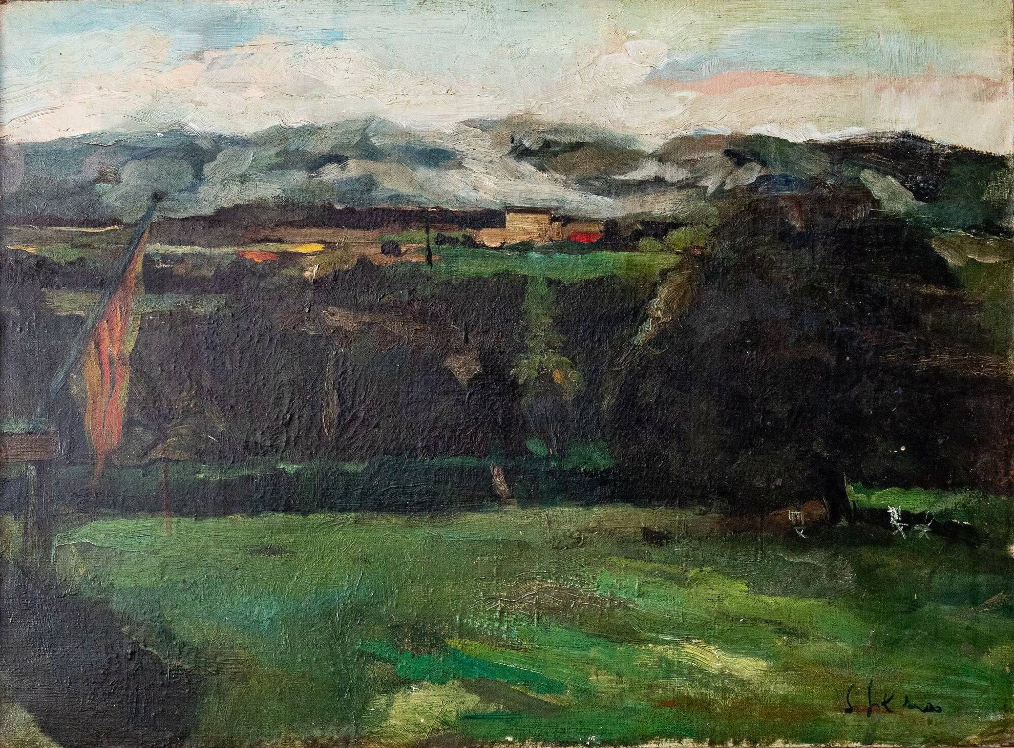Paysage impressionniste intéressant - Cadre doré argenté de haute qualité