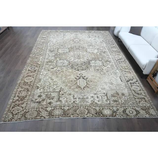 1960s Vintage Persian Handmade Wool Cotton Light Brown Area Rug 283x374