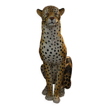 Grande statue Guépard en céramique émaillée - Décoration vintage