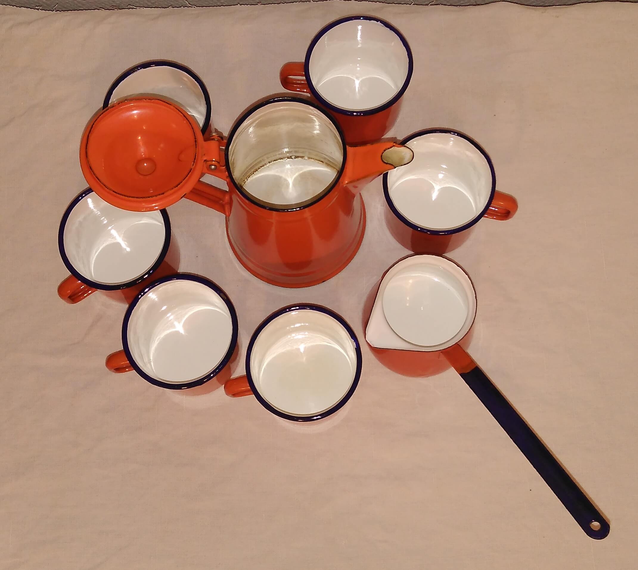 Orange enamelled iron coffee service