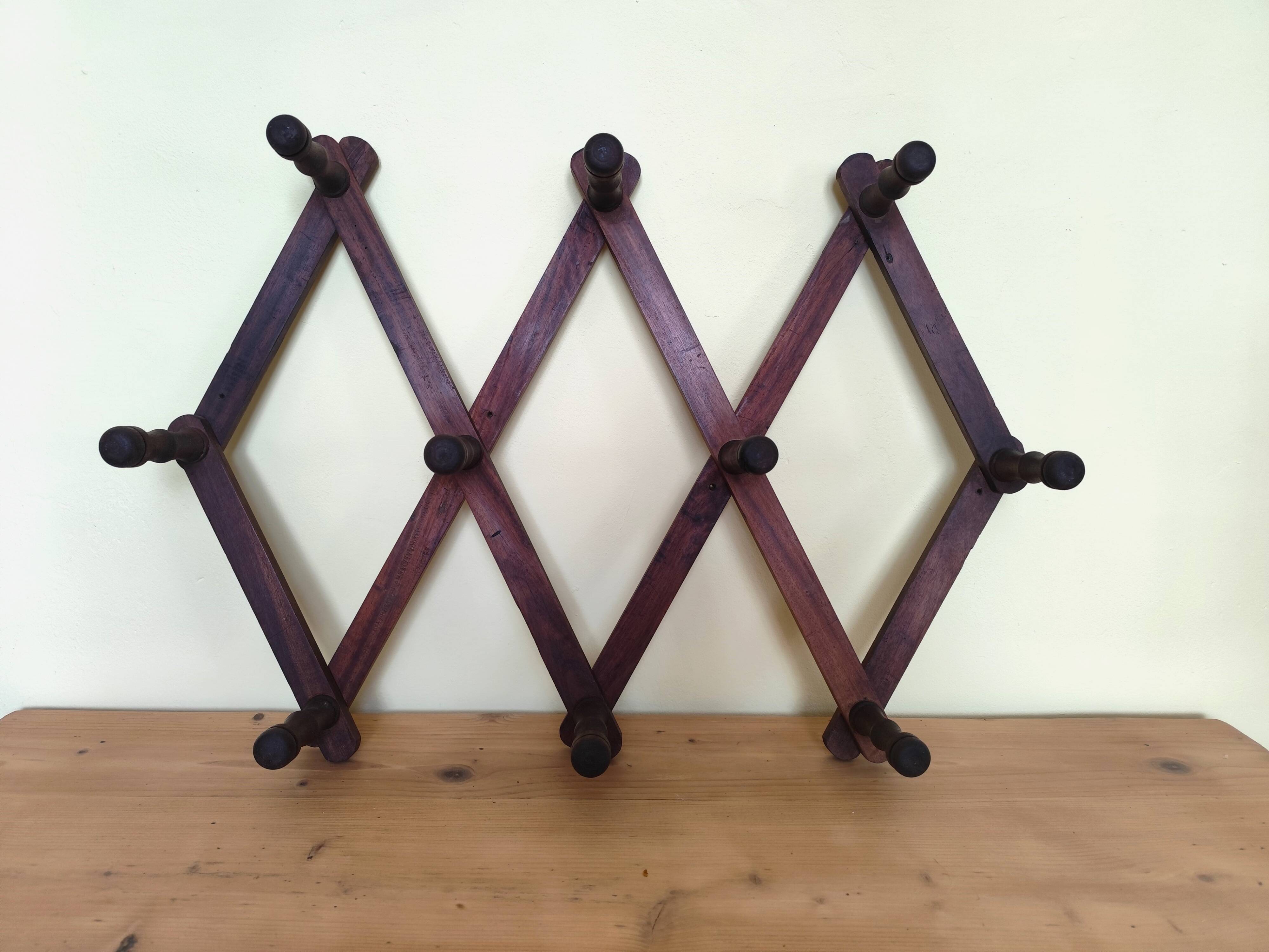 Old telescopic wooden wall coat rack - 10 accordion hook coat rack