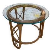 Paire de table basse ronde en rotin et verre vintage année 60’S