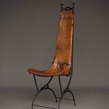 Chaise d'appoint en fer et cuir par Sido et François Thévenin, années 1980