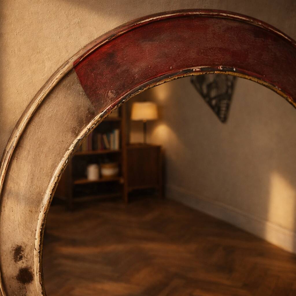 Vintage round mirror with an industrial metal frame in a painted finish.