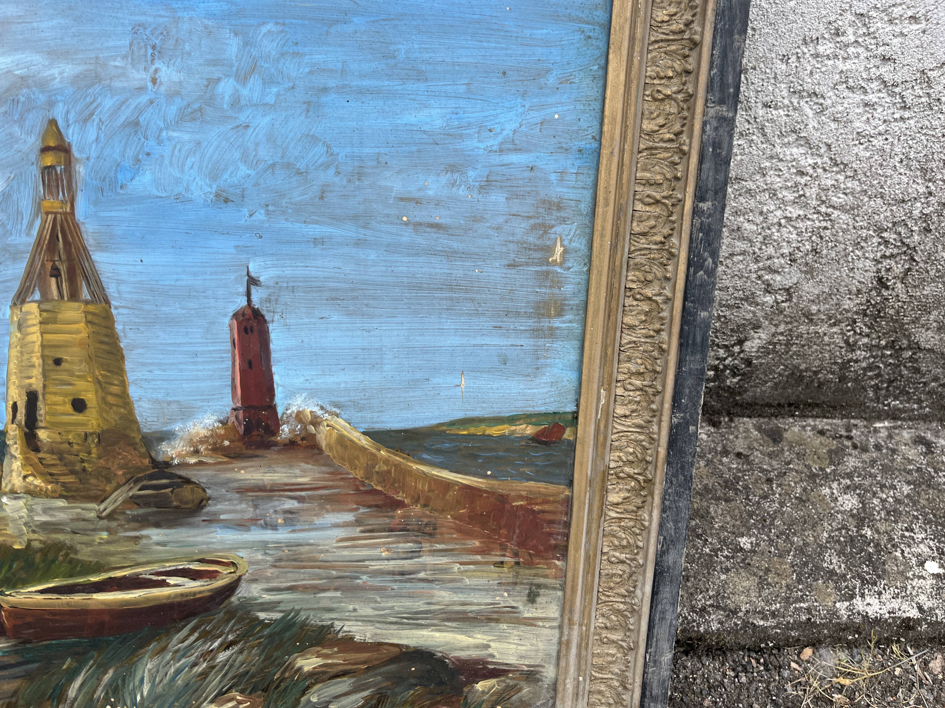 Old marine painting oil on canvas signed Y. Delaporte port entrance