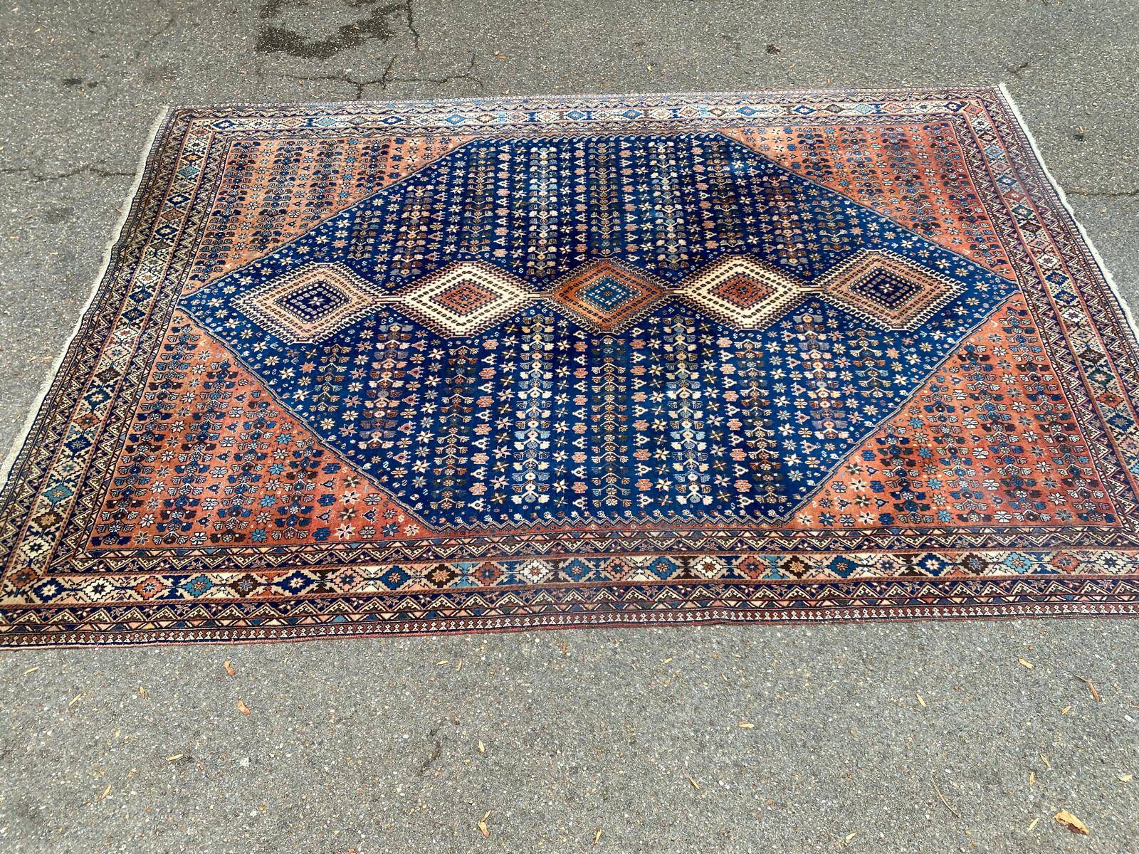 Handmade Yalameh Persian rug 200x300 indigo blue terracotta