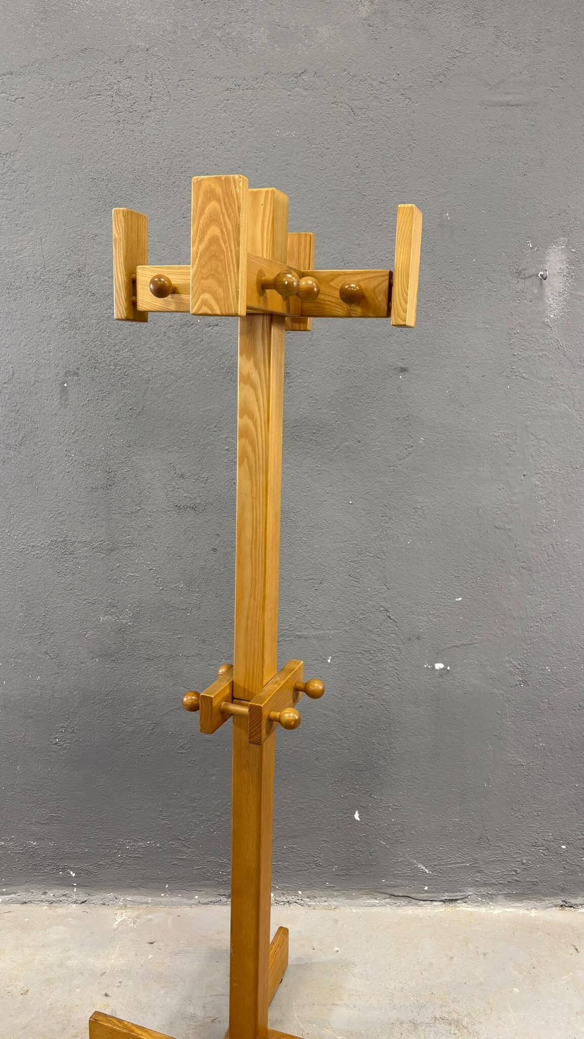 Freestanding mid-century pine coat rack, solid wood, 1970s, Europe