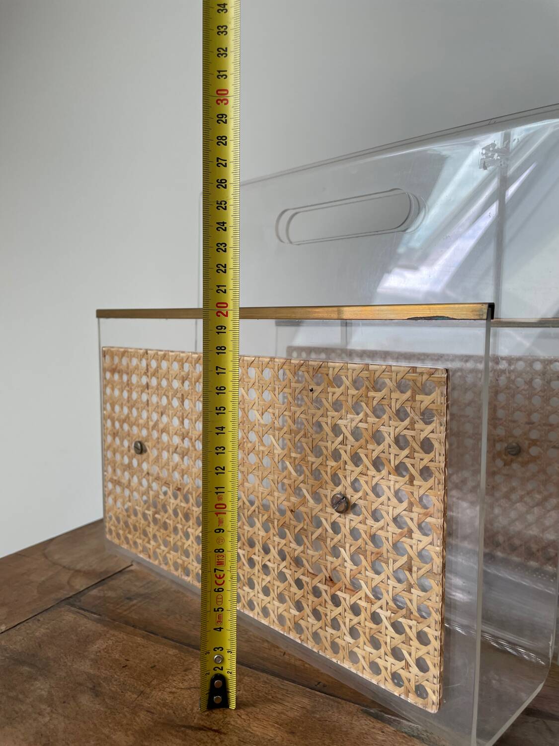Magazine rack in plexiglass, brass and cane, 1970