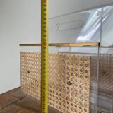 Magazine rack in plexiglass, brass and cane, 1970