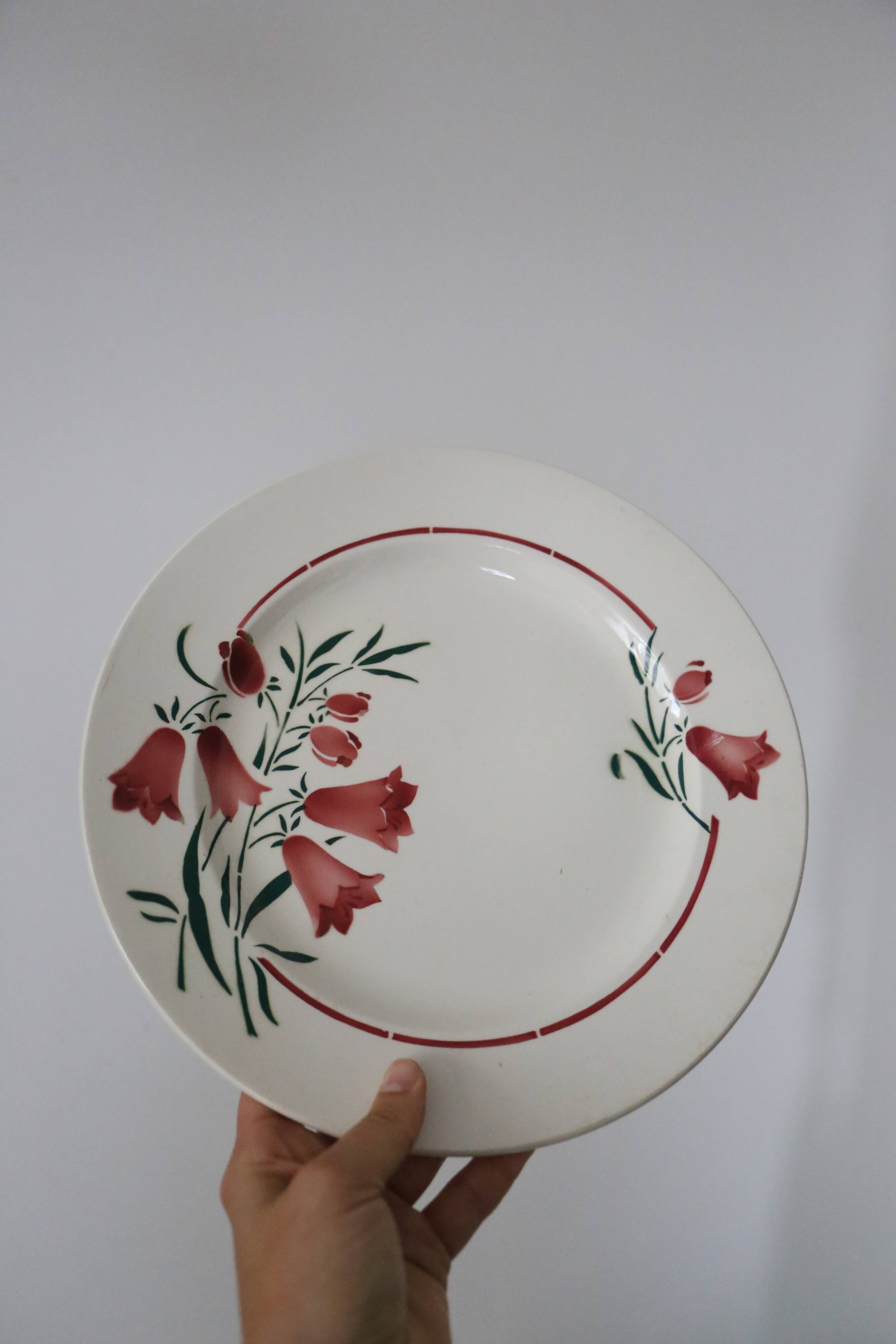 Set of 9 flat plates and 1 round dish, Saint Amand, vintage French, authentic, rare, countryside