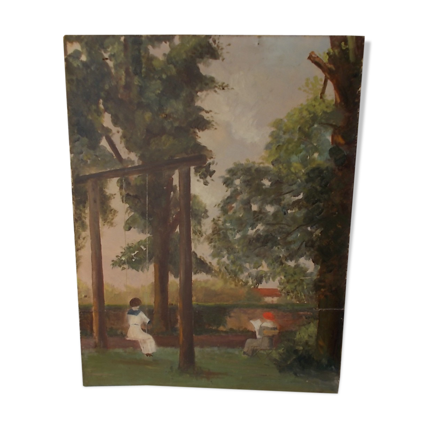 Painting oil on ancient canvas from 1913 "lady on a swing"