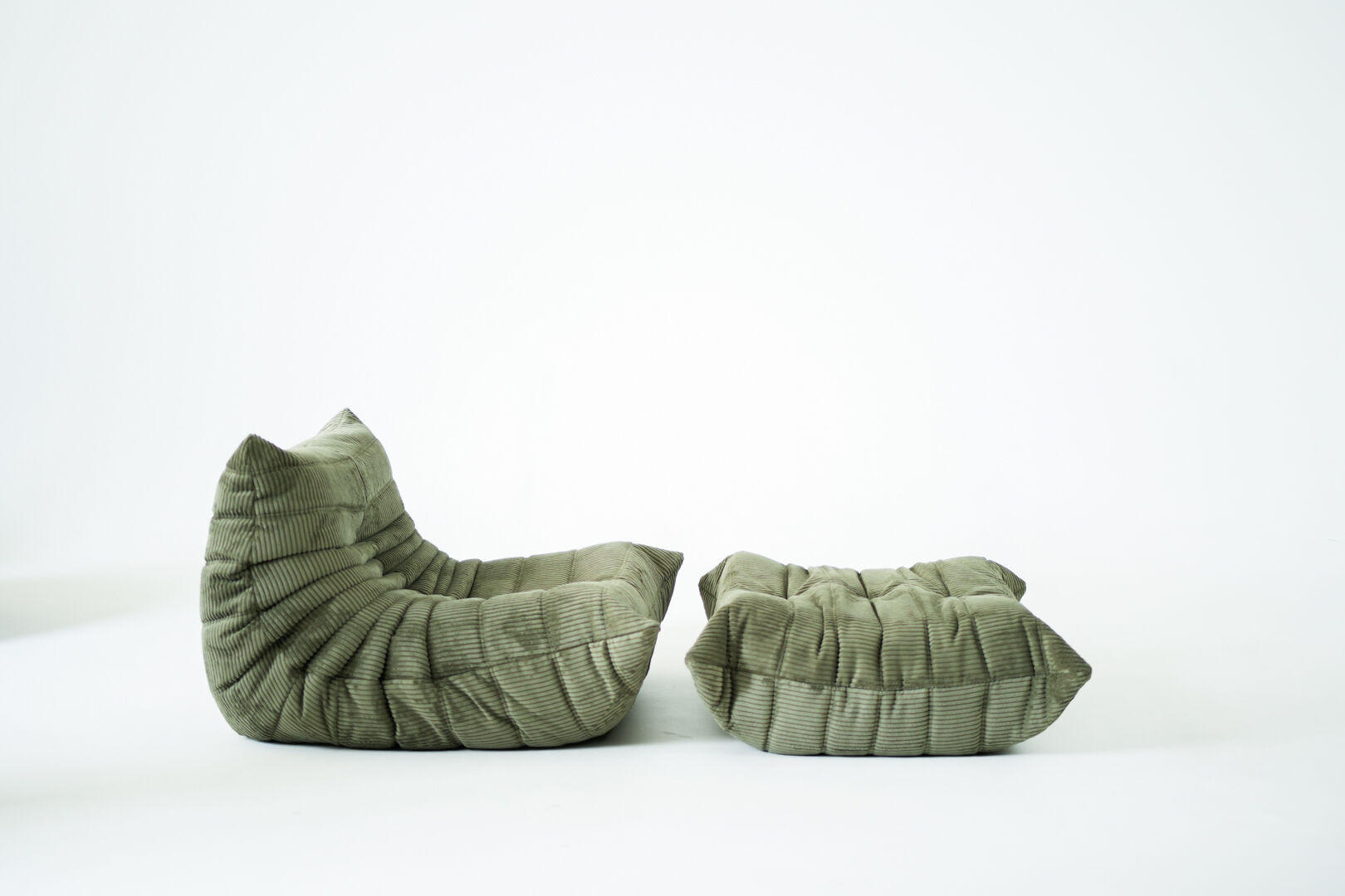 Togo Armchair and Pouf in Khaki wide Corduroy