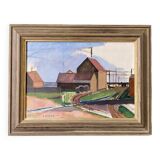 Peinture à l’huile de paysage vintage suédoise moderne du milieu du siècle « Suburban Serenade », encadrée, 1951