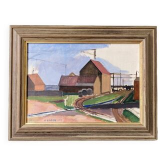 Peinture à l’huile de paysage vintage suédoise moderne du milieu du siècle « Suburban Serenade », encadrée, 1951