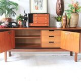 Scandinavian teak enfilade in brown, 4 doors, 1960s lines, floating legs.