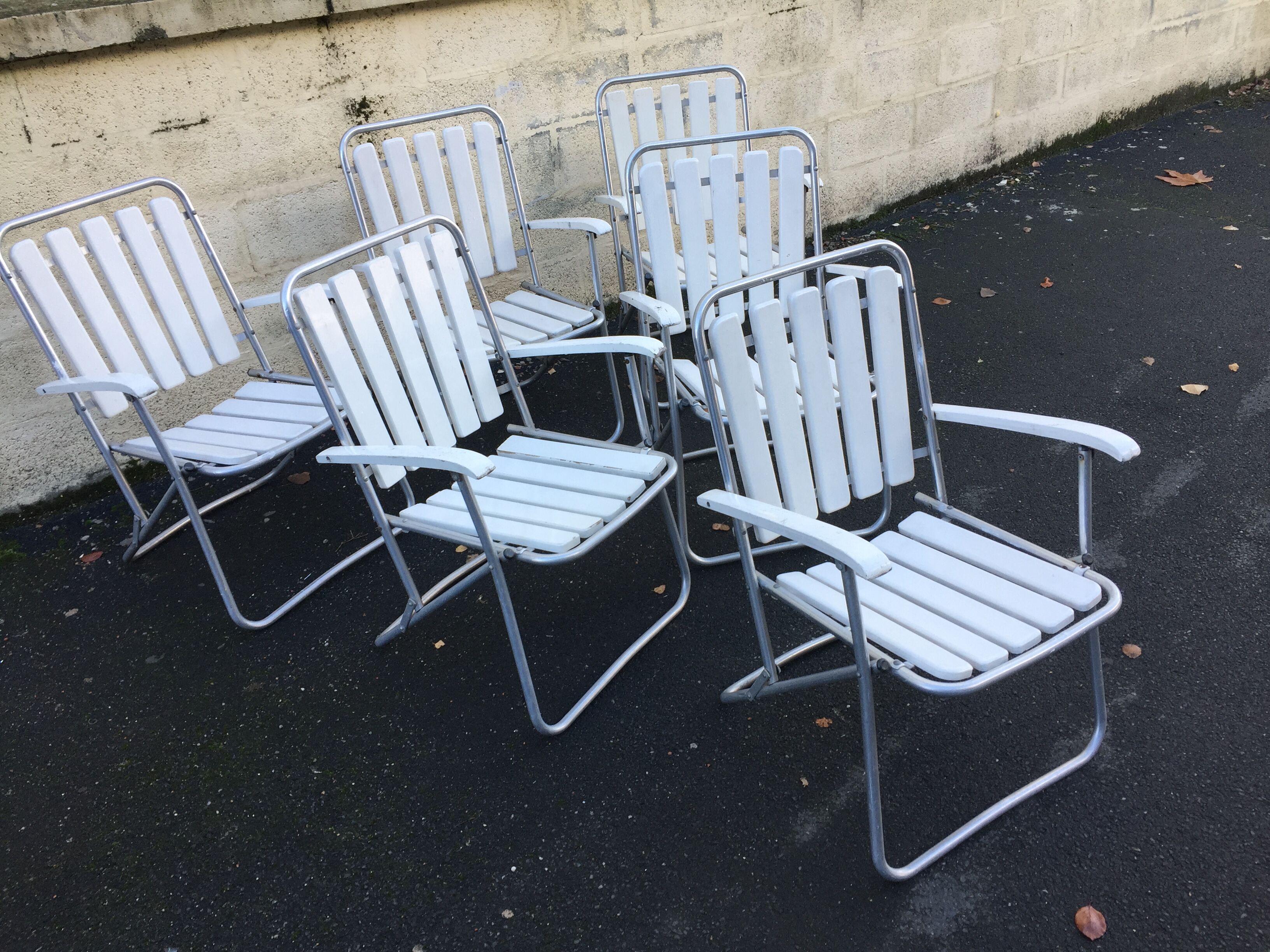 Six folding armchairs, aluminum frame wooden slats