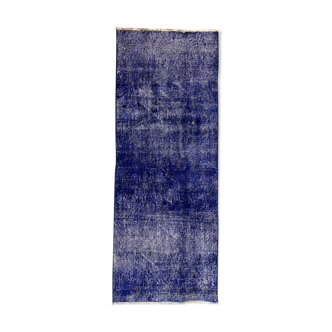 Distressed Turkish Narrow Runner 150x56 cm wool Vintage rug, Overdyed Blue