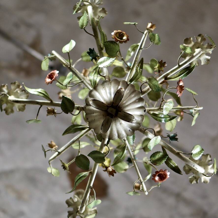 Large flower and leaf chandelier, hand-painted sheet metal, Italy, 1940s