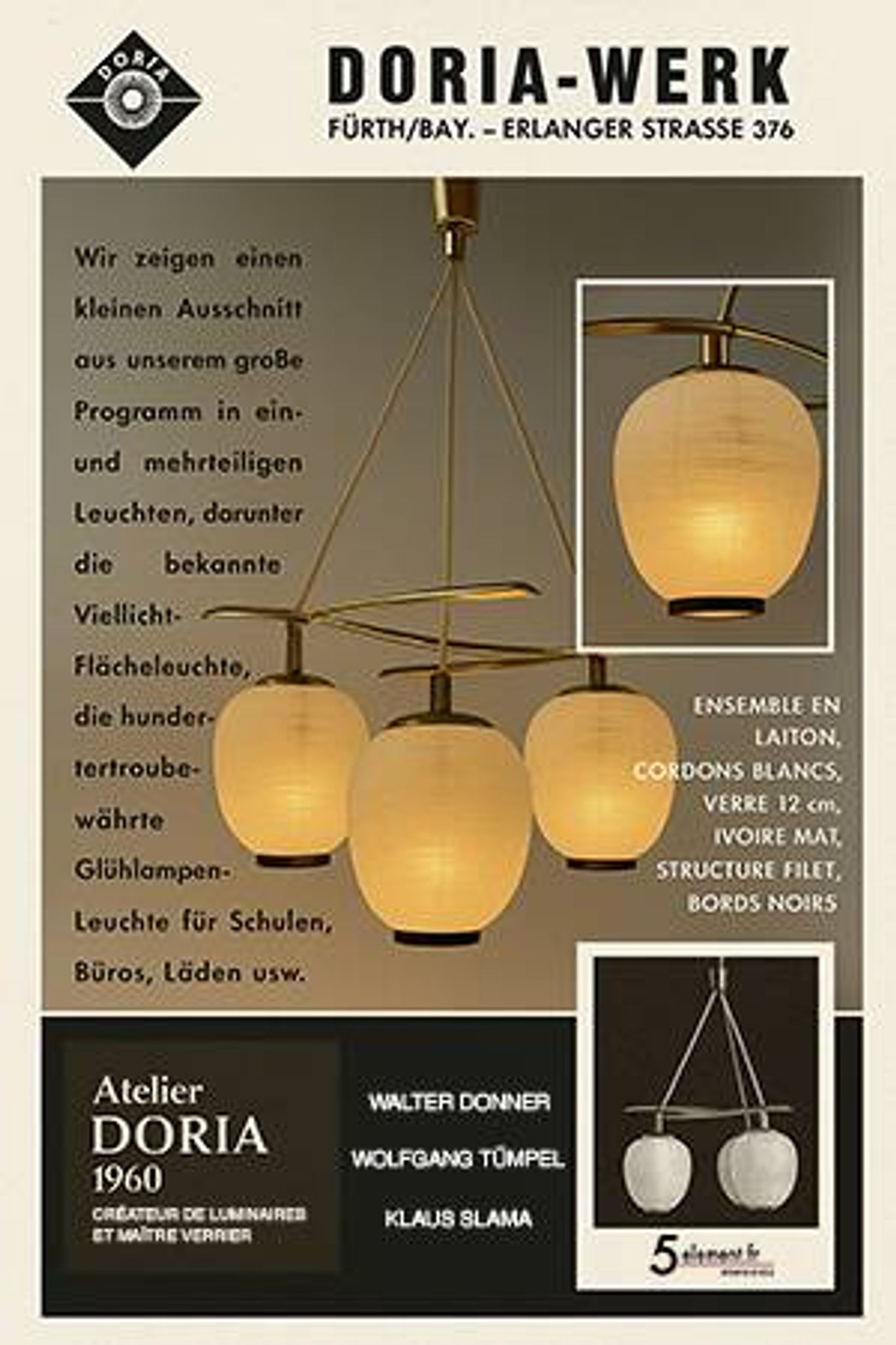 Vintage chandelier, brass, glass, 1958, Doria G 74/61